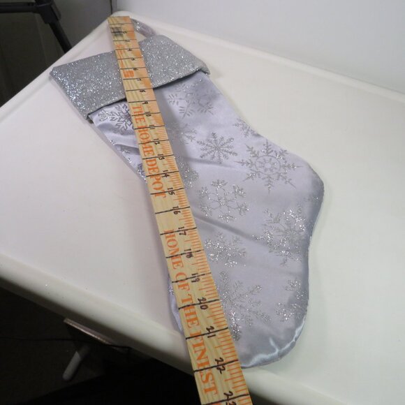 satin glittered silver stocking with glittered snowflakes & solid glitter cuff - Picture 6 of 8